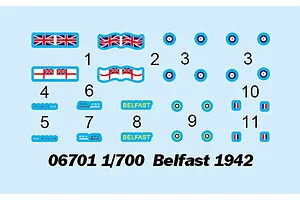 A decal sheet for the Trumpeter 1/700 HMS Belfast 1942 model kit, featuring flags, roundels, and ship name plates labeled with numbers.