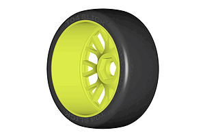 A single GRP T04 slick RC tyre mounted on a bright yellow multi-spoke wheel against a white background.