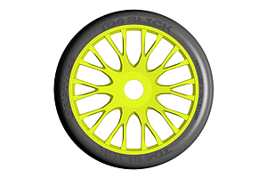 A single GRP T04 slick RC tyre mounted on a bright yellow multi-spoke rim against a white background.