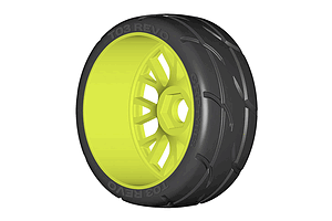 A single GRP T03 Revo RC tyre mounted on a bright yellow multi-spoke wheel against a white background.