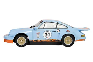 Side view of a 1/32 scale Scalextric Porsche 911 Carrera RSR 3.0 slot car in iconic light blue and orange Gulf racing livery with number 31.
