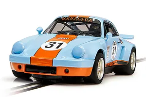 A 1/32 scale Scalextric Porsche 911 Carrera RSR 3.0 slot car in iconic Gulf light blue and orange livery with number 31 on the hood and doors.