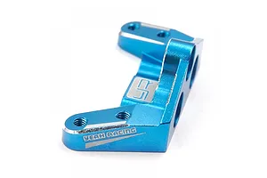 A blue anodized aluminium shock brace for Tamiya XV-02 by Yeah Racing, featuring laser-etched branding and mounting holes.