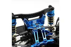 Close-up of a blue anodized aluminium shock brace and steering assembly installed on a Tamiya XV-02 RC chassis.