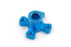 A blue anodized aluminium spur gear brace for Tamiya XV-02 RC cars, featuring a central cylindrical hub with three mounting tabs.