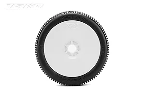 A single Jetko 1/8 scale Marco buggy tyre mounted on a white dish rim, viewed from the side against a white background.