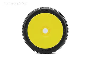 A single Jetko Marco 1/8 scale RC buggy tyre mounted on a bright yellow dish rim, viewed from the side against a white background.