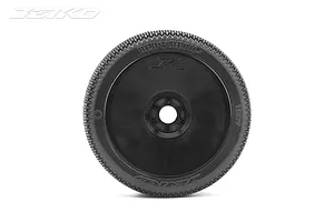 A single Jetko 1/8 scale Red Devil RC buggy wheel with a black dish rim and textured rubber tyre, viewed from the side against a white background.