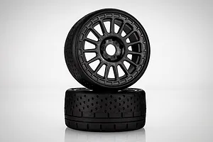 Jetko 1/8 Hot Dot Ultra Soft Belted Tyres on Black Radia Rims - Glued Wheels 2Pcs image 77573