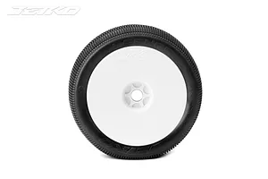 A single Jetko 1/8 scale Lesnar buggy tyre mounted on a white dish rim against a white background.