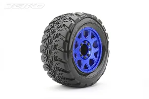 Jetko 3.6" King Cobra MT Medium Soft Belted Tyres on Metal Blue Claw Rims - Glued Wheels 2Pcs image 77681