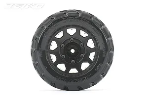 A single Jetko 2.8 inch King Cobra ST RC stadium truck wheel with a black multi-spoke rim and aggressive tread pattern on a white background.