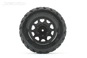 A single Jetko 2.8 inch Rockform MT monster truck wheel with a black multi-spoke rim and aggressive tread pattern, isolated on a white background.