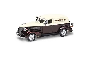 A finished 1/24 scale model of a 1939 Chevy Sedan Delivery, painted in two-tone cream and dark brown with Kentucky Craft Barrel Company branding.