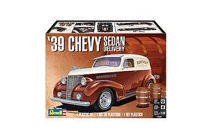 Product box for a Revell 1/24 scale 1939 Chevy Sedan Delivery plastic model kit, featuring an illustration of a brown and cream vintage delivery van.
