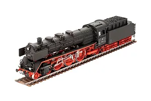 A high-angle studio shot of a Revell 1/87 scale Baureihe 03 steam locomotive model kit on a short section of railway track.