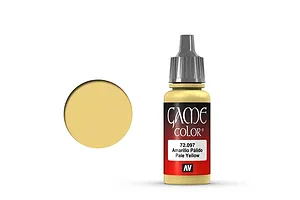 A 17ml bottle of Vallejo Game Color Pale Yellow acrylic paint with a grey dropper cap, shown next to a pale yellow color swatch.