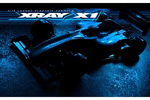 A stylized, blue-toned promotional image of an XRAY X1 RC formula car on a dark, textured surface with the XRAY X1 logo above.