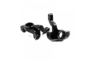 Two black aluminium RC steering hubs with silver chamfered edges, shown from a side angle against a white background.