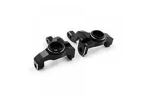 Two black anodized aluminium RC steering hubs from Yeah Racing, shown from an angled perspective against a white background.