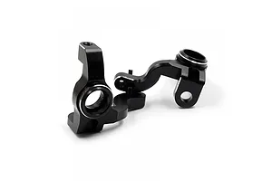 Two black anodized aluminium steering hubs for RC cars, shown from a side angle against a white background.