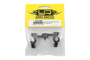 Yeah Racing black aluminium steering knuckles for Tamiya XV-02 in original yellow and clear plastic packaging.