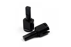 Two black metal differential outdrive cups for RC cars, one standing upright and one lying down on a white background.