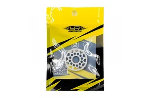 Yeah Racing Delrin 76T 64dp spur gear inside its original yellow and black branded plastic packaging.