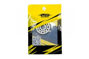A white Delrin spur gear inside a yellow and black Yeah Racing branded plastic retail bag.