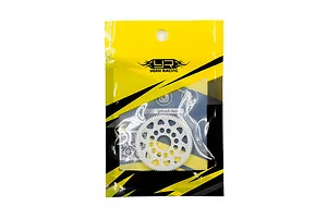 A white Delrin spur gear inside a yellow and black Yeah Racing branded plastic retail bag.