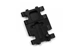 A black aluminium centre skid plate for an RC car, featuring a rectangular design with mounting holes and recessed sections.