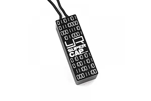 A black Yeah Racing super capacitor with binary code patterns and UR logo on a white background.