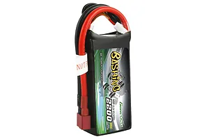 Gens Ace Bashing 11.1V 2200mAh 3S LiPo battery with soft case, red and black wires, and a Deans connector against a white background.