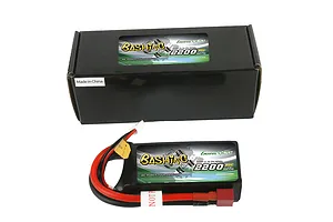 Gens Ace Bashing 11.1V 2200mAh 35C LiPo battery shown in front of its black cardboard packaging box.