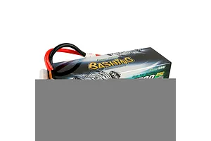 Gens Ace Bashing 7.4V 5200mAh 35C LiPo battery in a hard case with three different connector adapters on a white background.