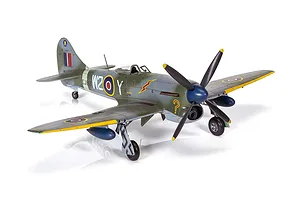 A fully assembled and painted 1/72 scale model of a Hawker Tempest Mk.V fighter plane, featuring camouflage paint and RAF markings.