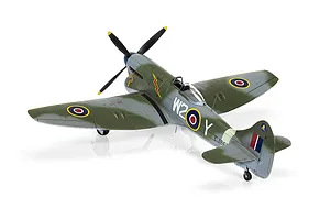 A completed 1/72 scale plastic model of a Hawker Tempest Mk.V fighter plane, painted in olive green and grey camouflage with RAF markings.