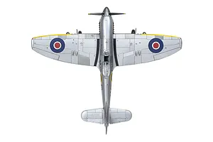 Top-down view of a silver Hawker Tempest Mk.V model aircraft with RAF roundels on the wings.