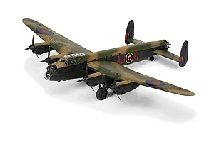 A completed 1/72 scale plastic model of an Avro Lancaster bomber in RAF camouflage, featuring AJ-G markings on the fuselage.