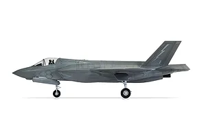 A side profile view of a fully assembled and painted 1/72 scale Lockheed Martin F-35B Lightning II model aircraft on a white background.