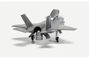 Rear view of an assembled and painted 1/72 scale Airfix Lockheed Martin F-35B Lightning II plastic model jet on a white background.