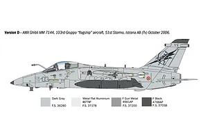 A side-profile technical illustration of an AMX Ghibli aircraft showing camouflage and decal placement for a model kit.
