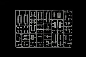 A grey plastic sprue containing various model aircraft parts for an Italeri 1/72 AMX Ghibli kit, set against a solid black background.