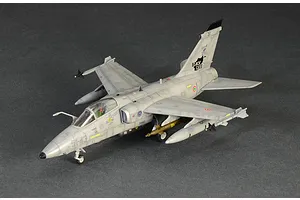 A fully assembled and painted 1/72 scale model of an AMX Ghibli attack aircraft, featuring Black Cats squadron markings on a dark grey background.