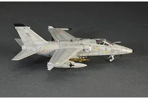 A side-profile view of a fully assembled and painted 1/72 scale Italeri AMX Ghibli attack aircraft model kit on a dark grey background.