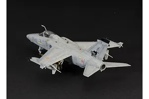 A completed 1/72 scale plastic model of an AMX Ghibli attack aircraft, painted in light grey with Black Cats squadron markings on a black background.