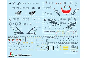 A decal sheet for the Italeri 1/72 scale AMX Ghibli model kit, featuring various military markings, squadron logos, and stencils on a light blue background.