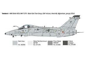 A side-profile technical illustration of an AMX Ghibli aircraft with a color guide for model painting.