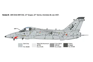 A side-profile technical illustration of an AMX Ghibli aircraft showing paint scheme and decal placement for a model kit.