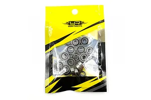A pack of Yeah Racing rubber shielded ball bearings in a yellow and black branded plastic bag.